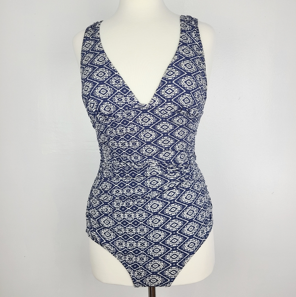 J. Crew Blue and White Patterned One Piece Swimsuit